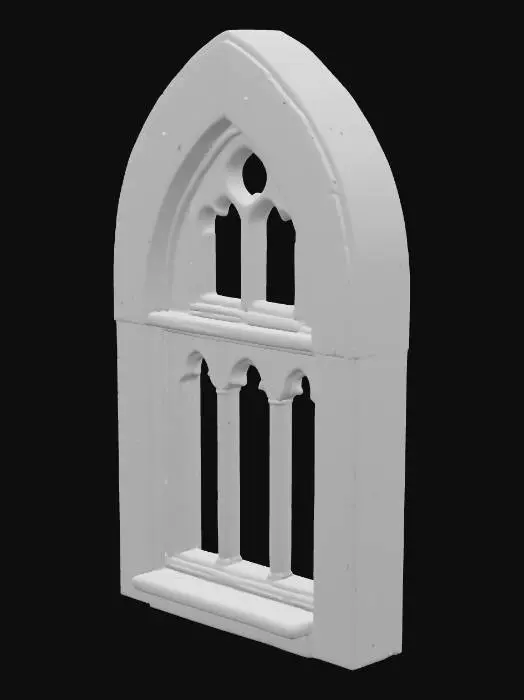 3D model for a stone gable wall that is made of individual stones in the medieval style.  there is no roof. the top of the wall is off center by a little bit.  on the inside of the wall there is an slightly wider section of wall that matches the gable wall but a little shorter.  there are three gothic style empty window frames in the center of the wall.  they are equidistant from the edges and from the top and bottom.  they are equidistant from each other.  the center window is about 33% larger than the left and right window