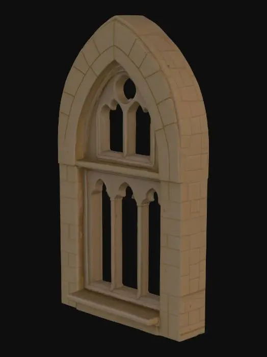 3D model for a stone gable wall that is made of individual stones in the medieval style.  there is no roof. the top of the wall is off center by a little bit.  on the inside of the wall there is an slightly wider section of wall that matches the gable wall but a little shorter.  there are three gothic style empty window frames in the center of the wall.  they are equidistant from the edges and from the top and bottom.  they are equidistant from each other.  the center window is about 33% larger than the left and right window