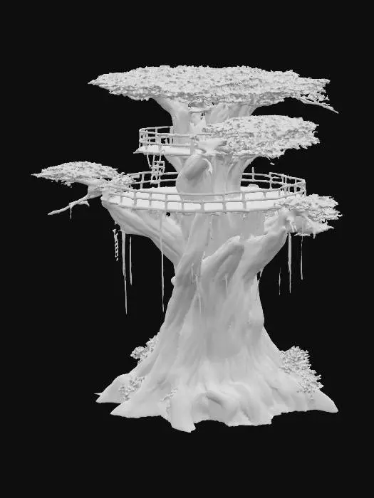 3D model for a solid wood tree that is as realistic as possible and detailed with a highly realistic and detailed tree fort built on it.  the tree fort is multilevel and platforms made from rough ultra realistic ultra detailed wood planks