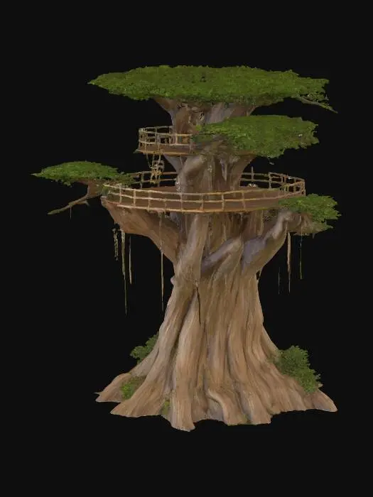 3D model for a solid wood tree that is as realistic as possible and detailed with a highly realistic and detailed tree fort built on it.  the tree fort is multilevel and platforms made from rough ultra realistic ultra detailed wood planks