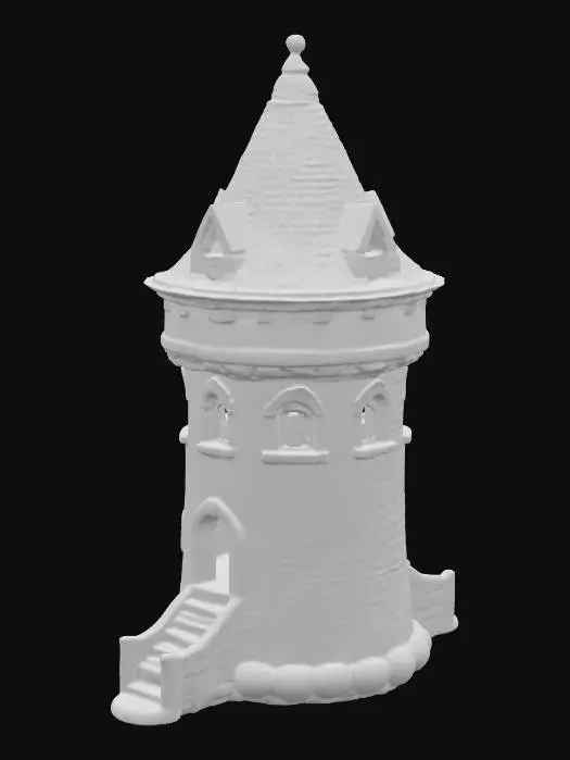 3D model for A stylized wizard's tower, crafted from highly detailed, non-rounded, grey stone blocks that form its circular body, exhibits a formidable, rough texture. A sharply pointed shingled roof, composed of visible, distinct dark shingles laid in an intricate fish scale pattern, crowns the structure. An external stone staircase, its individual steps rugged and cool, winds around the tower from the ground to the top floor. This uppermost level is a circular room, featuring graceful arched windows and an arched doorway, left open without a door, all meticulously detailed.