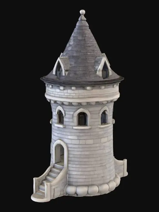 3D model for A stylized wizard's tower, crafted from highly detailed, non-rounded, grey stone blocks that form its circular body, exhibits a formidable, rough texture. A sharply pointed shingled roof, composed of visible, distinct dark shingles laid in an intricate fish scale pattern, crowns the structure. An external stone staircase, its individual steps rugged and cool, winds around the tower from the ground to the top floor. This uppermost level is a circular room, featuring graceful arched windows and an arched doorway, left open without a door, all meticulously detailed.