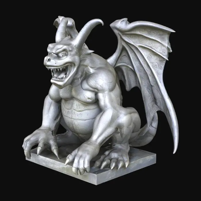 3D model for A sharply detailed stone gargoyle sits, its robust, obese form crafted from cool, abrasive grey stone. Intricate carvings define its features, including a wide, grotesque smile revealing menacing, sharp pointed teeth. A small pair of webbed wings, also carved from the same rough stone, are subtly positioned on its broad back, adding to its formidable yet grounded appearance. The stone exhibits a rough, weathered texture across its entire surface.