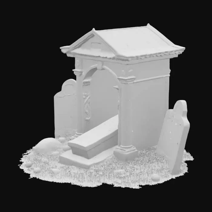 3D model for a small gothic mausoleum with a metal roof and wrought iron doors.  inside the mausoleum is a single stone coffin that is shaped like a woman sleeping.  the roof has metal rivets and appears aged.  surrounding the mausoleum are old stone gravestones that are in varying stages of disrepair