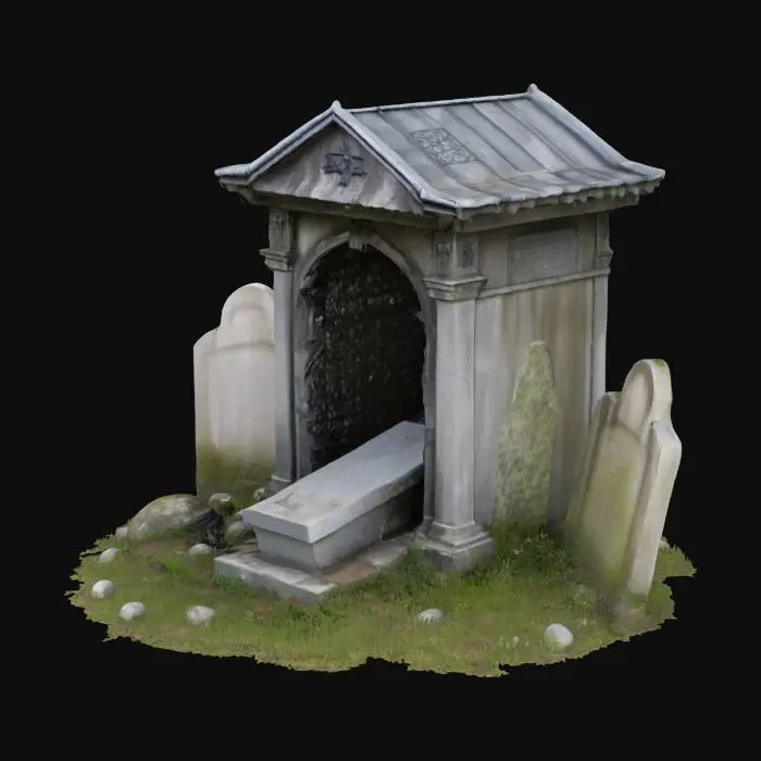 3D model for a small gothic mausoleum with a metal roof and wrought iron doors.  inside the mausoleum is a single stone coffin that is shaped like a woman sleeping.  the roof has metal rivets and appears aged.  surrounding the mausoleum are old stone gravestones that are in varying stages of disrepair