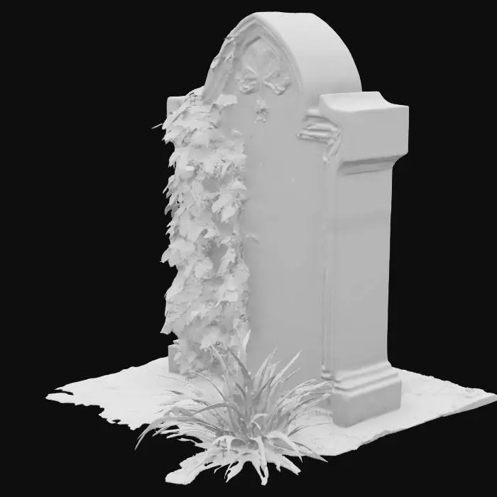 3D model for A large, desolate abandoned cemetery sprawls with ten weathered gravestones, some fractured with jagged edges, others cloaked in dense, vibrant ivy vines that cling to their surfaces. A prominent, gently sloping hill rises within, large enough to accommodate a stone mausoleum and further tombs. At its peak, a stocky, grey stone statue of a pig stands firmly on a simple, square pedestal. The ground is covered in uneven, patchy grass, displaying contrasting clumps of dry, brittle brown and long, wild green blades.