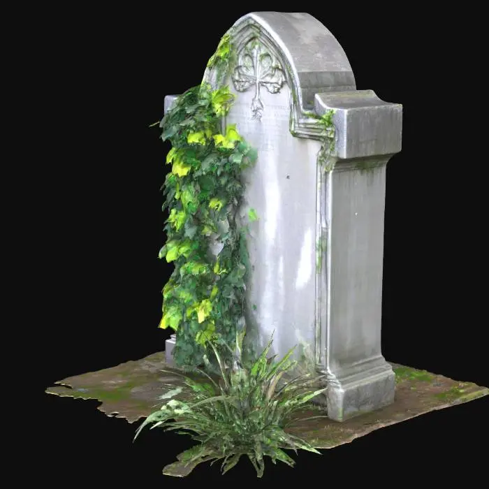 3D model for A large, desolate abandoned cemetery sprawls with ten weathered gravestones, some fractured with jagged edges, others cloaked in dense, vibrant ivy vines that cling to their surfaces. A prominent, gently sloping hill rises within, large enough to accommodate a stone mausoleum and further tombs. At its peak, a stocky, grey stone statue of a pig stands firmly on a simple, square pedestal. The ground is covered in uneven, patchy grass, displaying contrasting clumps of dry, brittle brown and long, wild green blades.