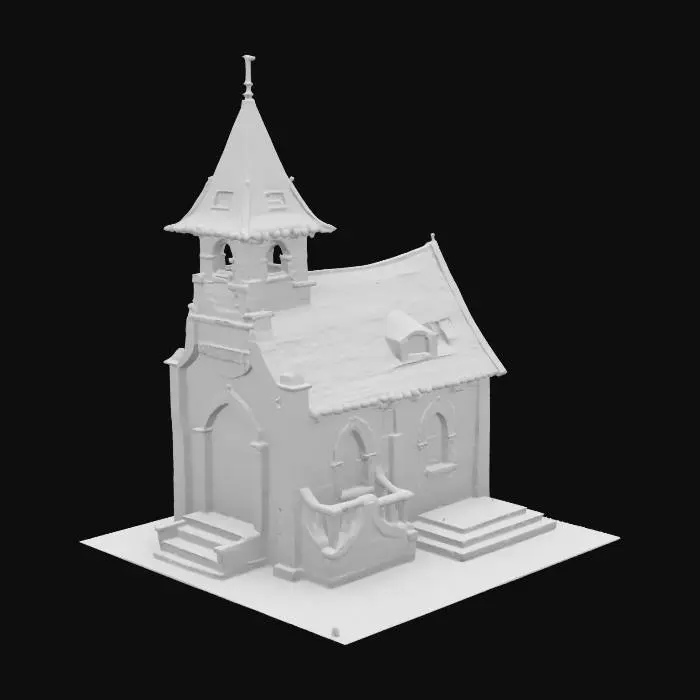 3D model for a medieval chapel that has an attached living space with two floors.  there is a bell tower. a large church door to enter the chapel and a wooden door to enter the living space. an attic that goes over both spaces has a wooden staircase to get up to it on the second floor of the living space