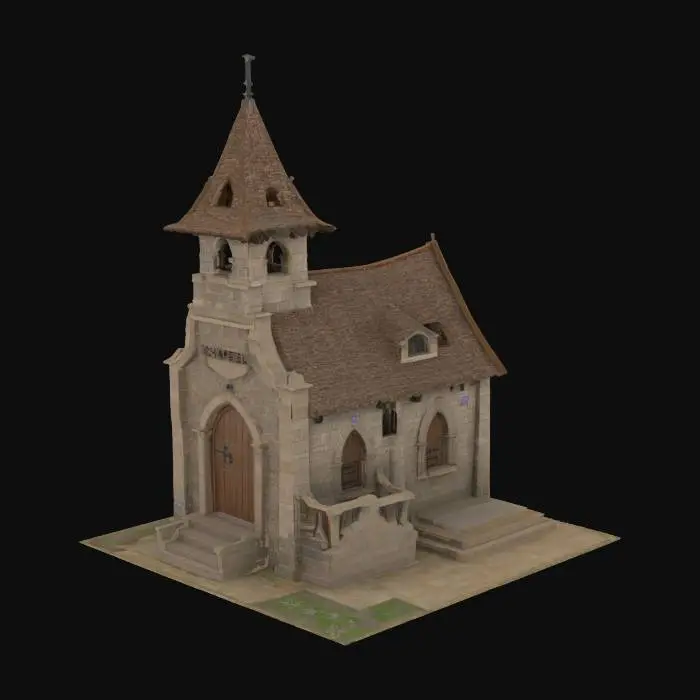 3D model for a medieval chapel that has an attached living space with two floors.  there is a bell tower. a large church door to enter the chapel and a wooden door to enter the living space. an attic that goes over both spaces has a wooden staircase to get up to it on the second floor of the living space