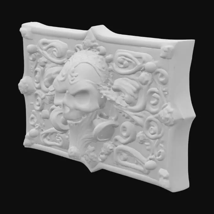 3D model for An ornate and highly detailed gothic metal plaque, likely dark and aged, designed for wall attachment. Its rectangular form features sharply defined edges. Dominating its surface is a highly detailed, embossed plague doctor mask, standing out with crisp contours. At each corner, an octagonal bolt, cool and firm to the touch, protrudes, ready for secure fastening. The metal surface offers a smooth yet textured feel due to its intricate, raised gothic motifs and the mask's sculpted relief.