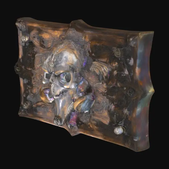 3D model for An ornate and highly detailed gothic metal plaque, likely dark and aged, designed for wall attachment. Its rectangular form features sharply defined edges. Dominating its surface is a highly detailed, embossed plague doctor mask, standing out with crisp contours. At each corner, an octagonal bolt, cool and firm to the touch, protrudes, ready for secure fastening. The metal surface offers a smooth yet textured feel due to its intricate, raised gothic motifs and the mask's sculpted relief.
