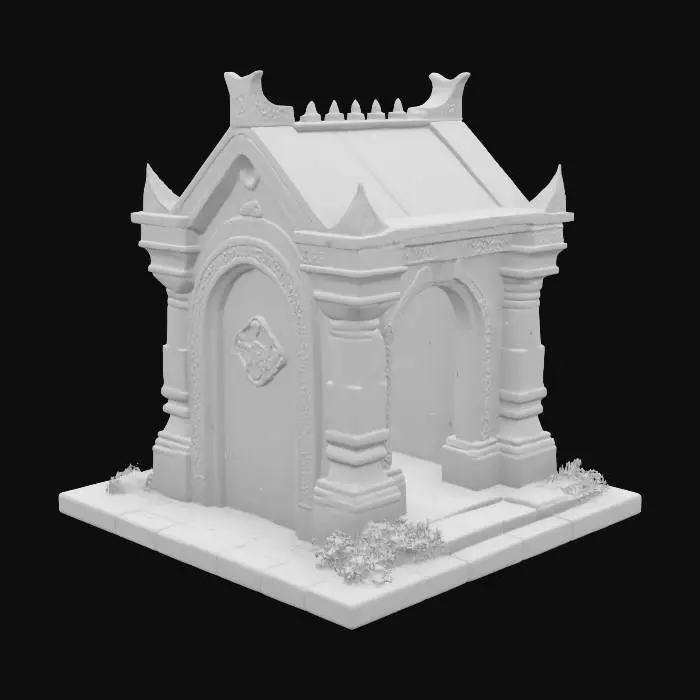 3D model for a small stone gothic mausoleum with a metal roof with a single coffin on the inside.  the mausoleum is in the style of games workshop's corpsewrack mausoleum