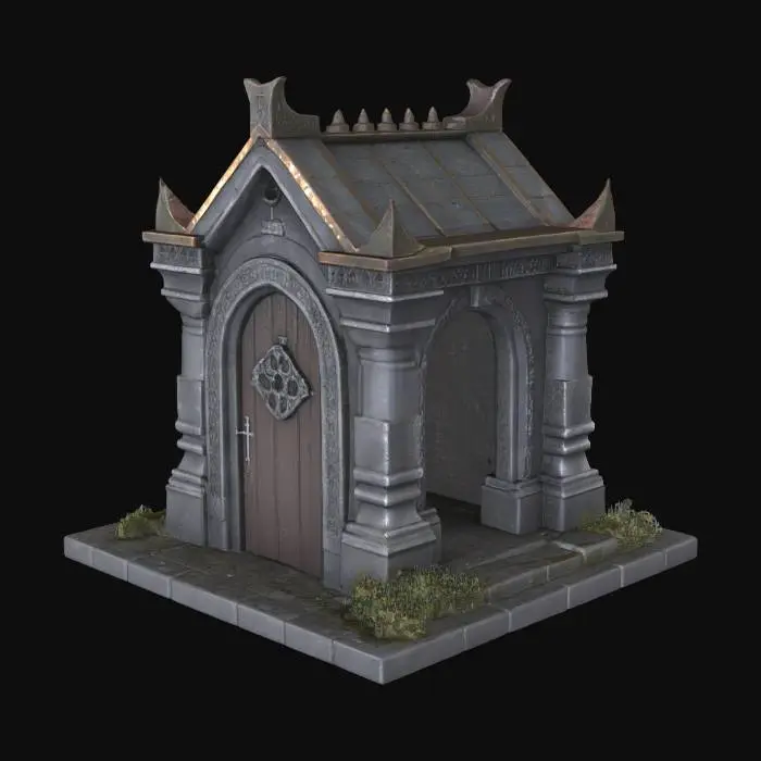 3D model for a small stone gothic mausoleum with a metal roof with a single coffin on the inside.  the mausoleum is in the style of games workshop's corpsewrack mausoleum