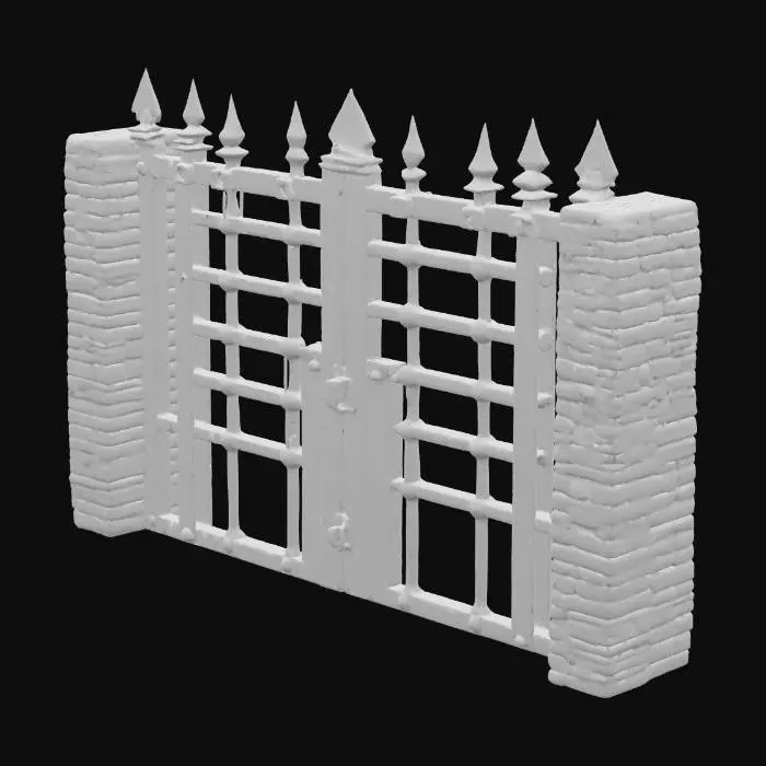 3D model for A formidable portcullis gate, crafted entirely from heavy, dark iron, forms a dense grid of intersecting vertical and horizontal bars. Its surface is rough and cool to the touch, possibly with a dull, aged metallic sheen or hints of rust. The bottom edge of each vertical bar terminates in a sharply pointed, unyielding tip, designed for defensive impact. The entire structure feels immensely solid and unyielding, indicative of its substantial weight and protective purpose.