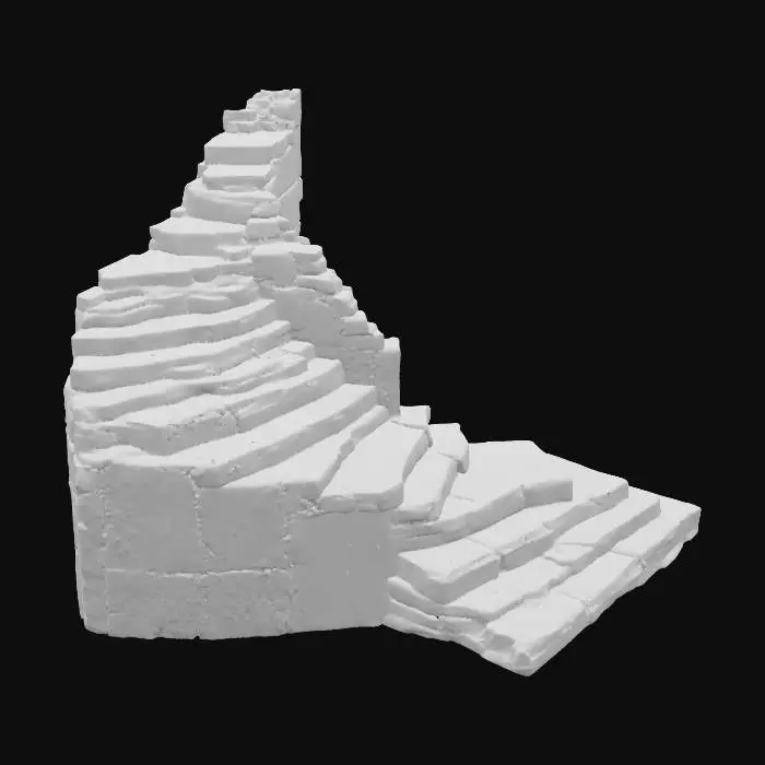 3D model for A formidable large flagstone staircase rises thirty feet, crafted entirely from rough, cool grey stonework. Its broad, flat individual stones form a solid and unyielding ascent. Approximately halfway up its impressive height, a substantial landing provides a flat surface before the stairs make a distinct rotation of about 30 degrees to the right, continuing their upward climb. The entire structure, including its foundational base, shares the same rugged, textured stone appearance.