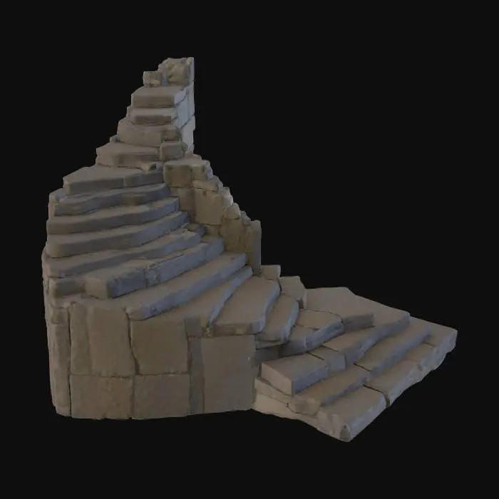 3D model for A formidable large flagstone staircase rises thirty feet, crafted entirely from rough, cool grey stonework. Its broad, flat individual stones form a solid and unyielding ascent. Approximately halfway up its impressive height, a substantial landing provides a flat surface before the stairs make a distinct rotation of about 30 degrees to the right, continuing their upward climb. The entire structure, including its foundational base, shares the same rugged, textured stone appearance.
