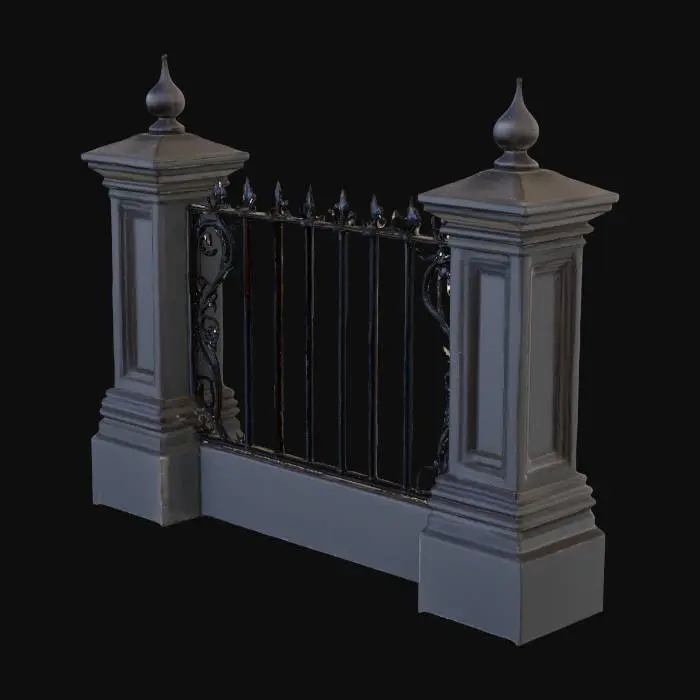 3D model for A formidable wrought iron fence features long, rectangular iron pickets, each topped with a sharply pointed finial. The dark, cool pickets, with a slightly rough metallic texture, are spaced equally between sturdy, square stone posts. These posts, crafted from solid, unyielding grey stone, firmly anchor the fence. Along the ground, a smaller, continuous stone portion acts as a base, into which all the pickets are securely built, providing a strong and durable foundation for the entire structure.
