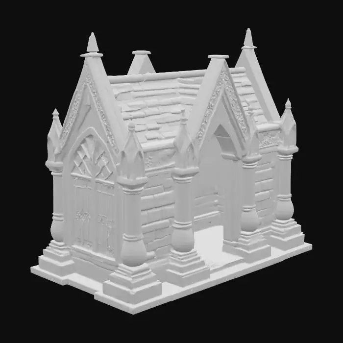 3D model for A small, highly-detailed gothic mausoleum, meticulously crafted from dark, aged grey stone with a rough, weathered texture. Its compact structure features thick, interconnected walls that firmly meet the ground, adorned with elaborate, finely carved crests that protrude slightly. A single arched doorway, flanked by intricate stone tracery, is secured by a robust, spiked iron gate with a dull metallic sheen and a cool, gritty feel.