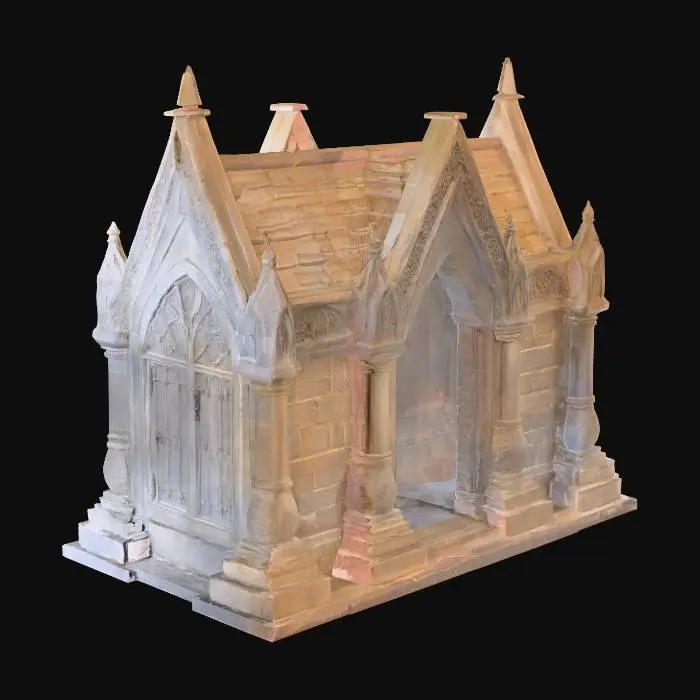 3D model for A small, highly-detailed gothic mausoleum, meticulously crafted from dark, aged grey stone with a rough, weathered texture. Its compact structure features thick, interconnected walls that firmly meet the ground, adorned with elaborate, finely carved crests that protrude slightly. A single arched doorway, flanked by intricate stone tracery, is secured by a robust, spiked iron gate with a dull metallic sheen and a cool, gritty feel.