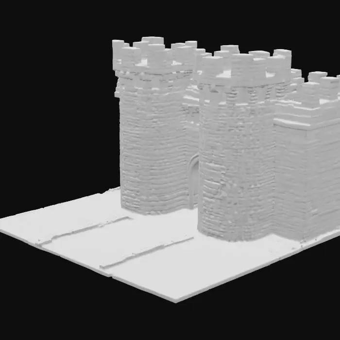 3D model for A straight piece of wargaming terrain with straight sides and sharp corners features an ancient, brick wall section across its face. Crafted from individual, ultra-realistic red clay bricks in a medieval style, the wall exhibits a rough, porous texture. It is intact possibly with battlements