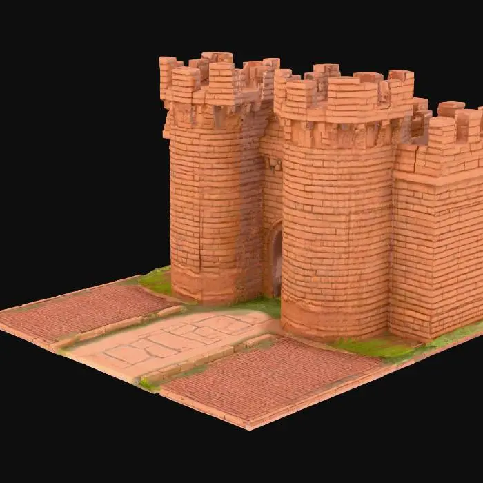 3D model for A straight piece of wargaming terrain with straight sides and sharp corners features an ancient, brick wall section across its face. Crafted from individual, ultra-realistic red clay bricks in a medieval style, the wall exhibits a rough, porous texture. It is intact possibly with battlements