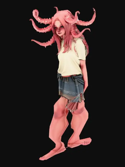 3D model for a horror girl with a horror body and tenticles around it likes spikes and wearing a short skirt and tshirt which is teared