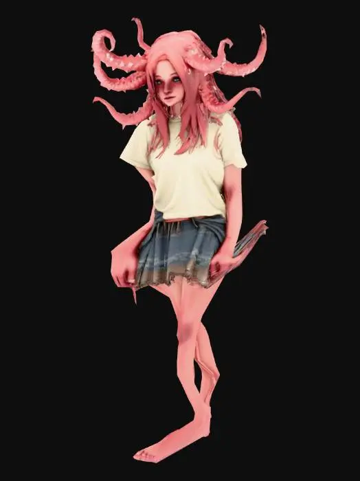 3D model for a horror girl with a horror body and tenticles around it likes spikes and wearing a short skirt and tshirt which is teared