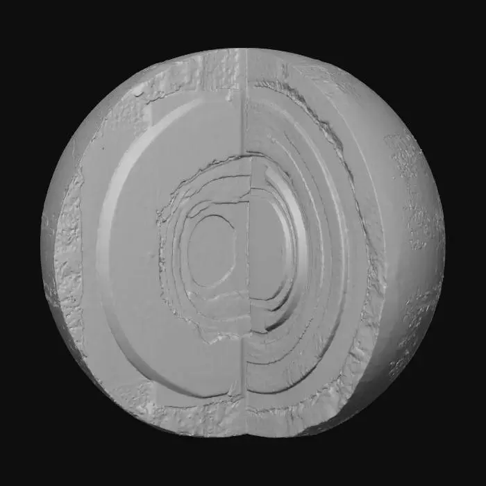 3D model for A cutaway 3D model of Earth's internal structure, presented as four separated, concentric hemispheres. The innermost core is a solid yellow sphere with a mottled texture. Surrounding it is a thick, dark orange liquid outer core, followed by a red-orange, semi-solid mantle with prominent wavy textures. The outermost layer is the Earth's crust, depicted as a blue and green hemisphere with landmass patterns, giving a clear, illustrative view of each distinct layer. The rendering style is reallistic. Make it photorealistic.