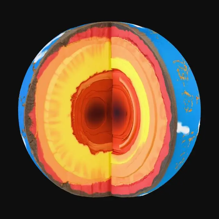 3D model for A cutaway 3D model of Earth's internal structure, presented as four separated, concentric hemispheres. The innermost core is a solid yellow sphere with a mottled texture. Surrounding it is a thick, dark orange liquid outer core, followed by a red-orange, semi-solid mantle with prominent wavy textures. The outermost layer is the Earth's crust, depicted as a blue and green hemisphere with landmass patterns, giving a clear, illustrative view of each distinct layer. The rendering style is reallistic. Make it photorealistic.