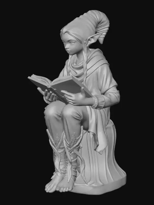 3D model for Highly detailed 3D sculpt of a fantasy elf sitting on the edge of a wooden shelf, legs dangling over the side, knees slightly bent, feet relaxed and slightly inward. Pelvis balanced on the edge, torso upright but relaxed. The elf is reading an open book held close to the chest with both hands, head slightly tilted downward, focused expression. Large pointed ears, delicate face, realistic proportions. Wearing layered tunic with fabric folds, fitted trousers, belt with engraved buckle, textured curled boots, soft pointed hat. Cinematic fantasy style, high detail textures, watertight mesh, unified base for stability, optimized for 3D printing.