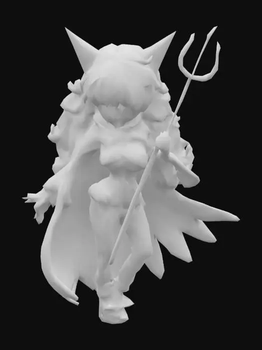 3D model for Create a print-ready 3D chibi figurine of “Sadie” from One Piece, based on the reference image.  

• Pose: sassy, weight on one leg, tongue out, right hand holding upright trident.  
• Geometry: 1–3M tris, clean quad topology, watertight, min 1.5 mm wall thickness, integrated 8 mm peg base.  
• Hair: long layered curls, gradient gold→orange, seamless horns.  
• Clothing: magenta vinyl top & pants with studs, midriff straps, waist ring, high-heel shoes.  
• UVs: separate islands per part, uniform scale for 0.1 mm detail.  
• Export: 1:8 scale (~200 mm), STL/OBJ+MTL, Z-up, overhangs ≤60°.  
• Preview shader: flat anime skin, sheen on clothes, metallic trident. 