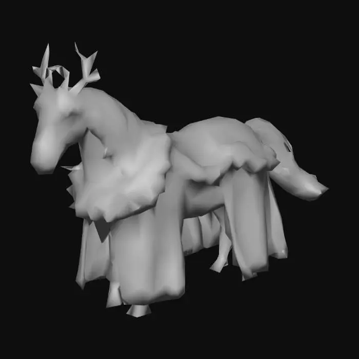 3D model for #Christmas2025#, A striking 3D model of a regal black warhorse, adorned for the holidays. Its head features impressive golden antlers and a lush green pine wreath studded with red berries. The horse's body is covered in a richly decorated barding: a sweeping red fabric with intricate gold patterns, lavishly draped with thick green pine garlands holding shiny red and gold baubles. Its black mane and tail are finely textured, capturing natural flow under festive, warm lighting.