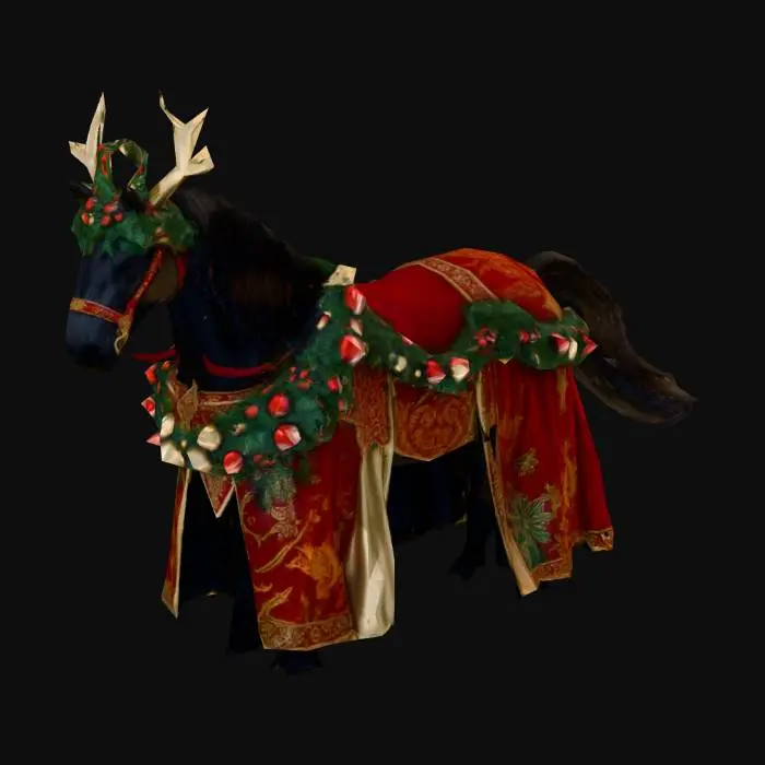 3D model for #Christmas2025#, A striking 3D model of a regal black warhorse, adorned for the holidays. Its head features impressive golden antlers and a lush green pine wreath studded with red berries. The horse's body is covered in a richly decorated barding: a sweeping red fabric with intricate gold patterns, lavishly draped with thick green pine garlands holding shiny red and gold baubles. Its black mane and tail are finely textured, capturing natural flow under festive, warm lighting.