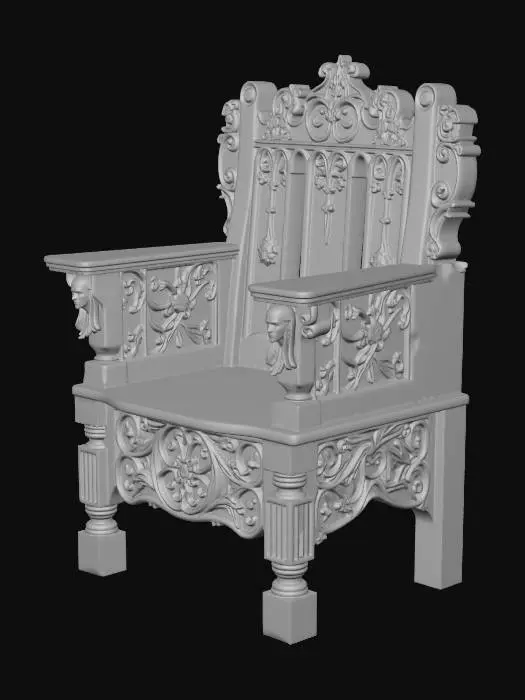 3D model for A 16th to 17th century medieval Alsatian carved oak chair from a castle 
great hall musicians gallery. High straight backrest with carved Gothic or 
early Renaissance panel decoration featuring geometric interlace or 
architectural motifs in low relief. Solid turned front legs with stretchers, 
slightly splayed rear legs. Wooden seat, no upholstery. Mortise and tenon 
joinery visible at the frame junctions. Dark aged oak patina with signs of 
centuries of use, slight wood grain variation. Isolated 3D museum object, 
dramatic single-source side lighting casting deep shadows into carved 
details, medieval castle banquet hall aesthetic, high detail surface texture.
isolated on white background, PBR textures, museum quality, 4K resolution
