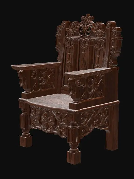 3D model for A 16th to 17th century medieval Alsatian carved oak chair from a castle 
great hall musicians gallery. High straight backrest with carved Gothic or 
early Renaissance panel decoration featuring geometric interlace or 
architectural motifs in low relief. Solid turned front legs with stretchers, 
slightly splayed rear legs. Wooden seat, no upholstery. Mortise and tenon 
joinery visible at the frame junctions. Dark aged oak patina with signs of 
centuries of use, slight wood grain variation. Isolated 3D museum object, 
dramatic single-source side lighting casting deep shadows into carved 
details, medieval castle banquet hall aesthetic, high detail surface texture.
isolated on white background, PBR textures, museum quality, 4K resolution