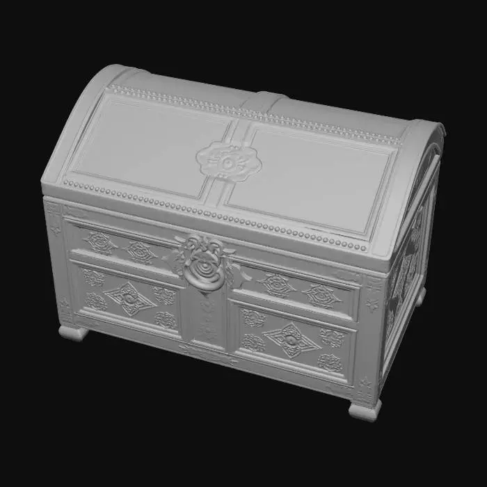 3D model for A refined 15th century North Italian Lombardy decorative chest, made of 
oak and walnut with bone inlays and wrought iron hardware. The lid exterior 
features a geometric pattern of lozenges and rectangles in contrasting light 
and dark wood marquetry. The lid interior has a rich inlaid composition of 
intersecting lines forming triangles, squares and lozenges, alternating 
light and blackened wood with small round white bone beads and black 
bone beads. The chest front panel features geometric rosette medallions 
inlaid flush into the wood in contrasting lighter wood. Velvet lining 
inside. Elegant aged patina, refined aristocratic object, isolated 3D 
render, warm museum lighting, high detail, rich texture work.
isolated on white background, PBR textures, museum quality, 4K resolution