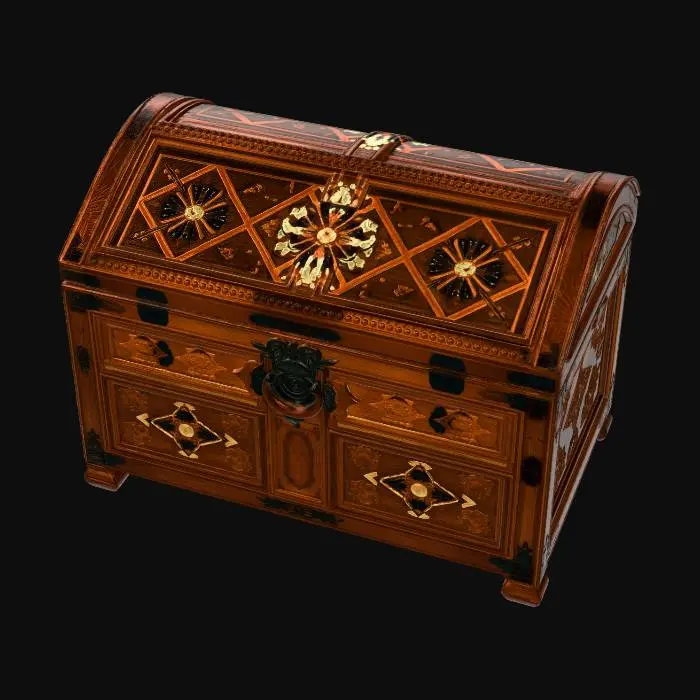 3D model for A refined 15th century North Italian Lombardy decorative chest, made of 
oak and walnut with bone inlays and wrought iron hardware. The lid exterior 
features a geometric pattern of lozenges and rectangles in contrasting light 
and dark wood marquetry. The lid interior has a rich inlaid composition of 
intersecting lines forming triangles, squares and lozenges, alternating 
light and blackened wood with small round white bone beads and black 
bone beads. The chest front panel features geometric rosette medallions 
inlaid flush into the wood in contrasting lighter wood. Velvet lining 
inside. Elegant aged patina, refined aristocratic object, isolated 3D 
render, warm museum lighting, high detail, rich texture work.
isolated on white background, PBR textures, museum quality, 4K resolution