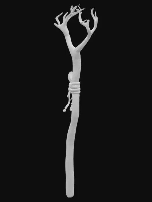 3D model for Dark Brown staff made of Peltogyne wood.
A mossy cloth wrap before the staff head diverges into 2 separate paths.
The two separate paths curve upwards slightly to make a circle, leaving a small gap at the top.