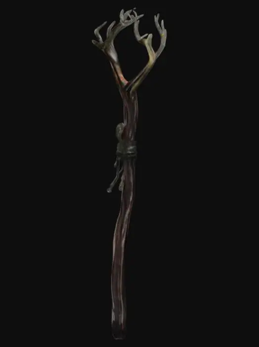 3D model for Dark Brown staff made of Peltogyne wood.
A mossy cloth wrap before the staff head diverges into 2 separate paths.
The two separate paths curve upwards slightly to make a circle, leaving a small gap at the top.