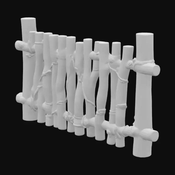 3D model for Rustic wattle fence segment, hand-woven wooden branches interlaced horizontally between vertical wooden stakes, traditional Eastern European rural style, irregular organic shapes, natural bark texture, worn and aged look, realistic shadows and light interaction, slightly curved sticks, visible knots and overlaps, PBR ready, high-poly 3D model with photorealistic detail, suitable for modular tiling along terrain contours