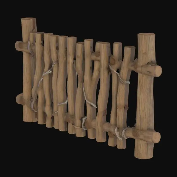 3D model for Rustic wattle fence segment, hand-woven wooden branches interlaced horizontally between vertical wooden stakes, traditional Eastern European rural style, irregular organic shapes, natural bark texture, worn and aged look, realistic shadows and light interaction, slightly curved sticks, visible knots and overlaps, PBR ready, high-poly 3D model with photorealistic detail, suitable for modular tiling along terrain contours