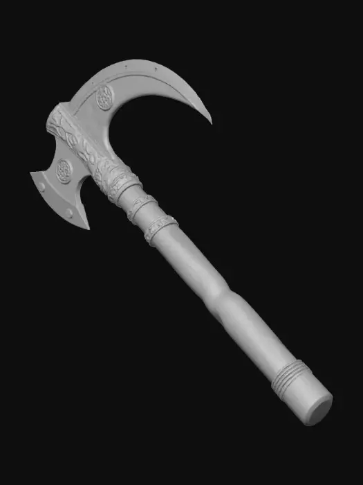 3D model for A mythic boomerang-axe features a sharply curved, crescent-shaped blade crafted from dark, polished obsidian. The blade is intricately etched with ancient runes that pulse with a vibrant, otherworldly glow, and further enhanced by elegant brass inlays. Its sturdy handle is made from deep, dark wood, reinforced with several sleek, cool metal bands for a secure grip. The weapon possesses a weighty, ancient feel, with the smooth, cool obsidian contrasting the textured wood and metallic bands.