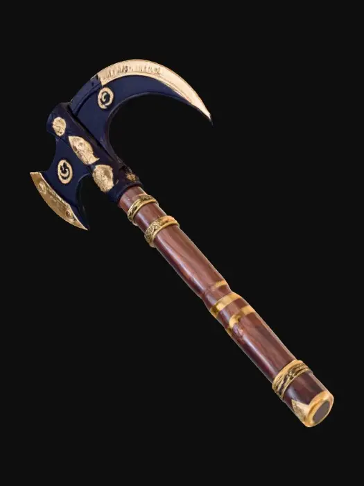 3D model for A mythic boomerang-axe features a sharply curved, crescent-shaped blade crafted from dark, polished obsidian. The blade is intricately etched with ancient runes that pulse with a vibrant, otherworldly glow, and further enhanced by elegant brass inlays. Its sturdy handle is made from deep, dark wood, reinforced with several sleek, cool metal bands for a secure grip. The weapon possesses a weighty, ancient feel, with the smooth, cool obsidian contrasting the textured wood and metallic bands.