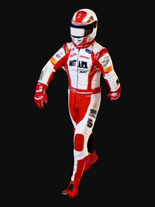 3D model for un pilota di f1 con il casco in testa e briaccia e gambe simmetriche al corpo.