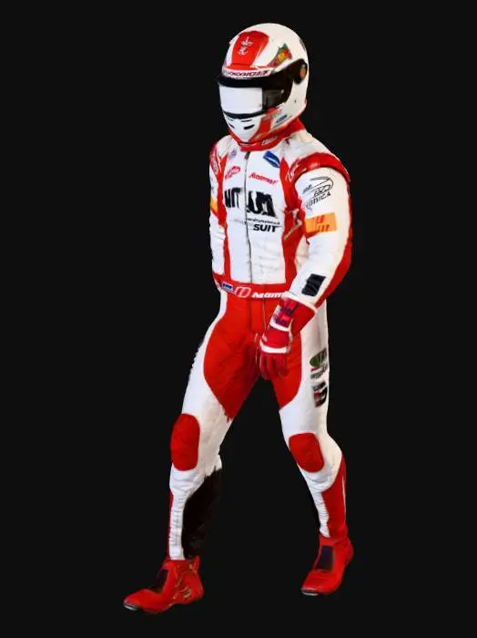 3D model for un pilota di f1 con il casco in testa e briaccia e gambe simmetriche al corpo.