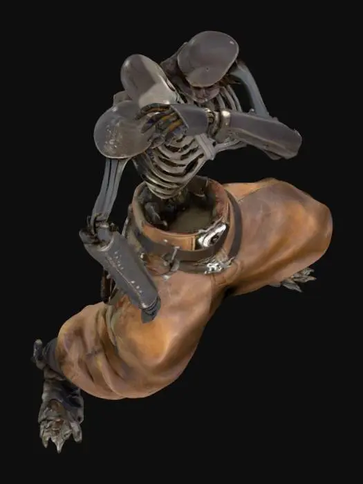 3D model for sci-fi, robot-Skeleton, warrior, classic, assassin, no weapons, no cape, with a leather pants, extremely detailed in A-pose, he is wearing old and deteriorated leather clothes, deeply detailed