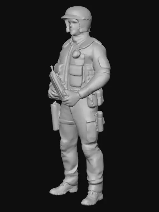 3D model for Low-poly 3D police character for mobile game.
Male police officer wearing uniform.
Helmet or cap, body armor.
Neutral patrol pose.
Simple face details.
No excessive accessories.
Mobile-optimized topology.
Game-ready model.