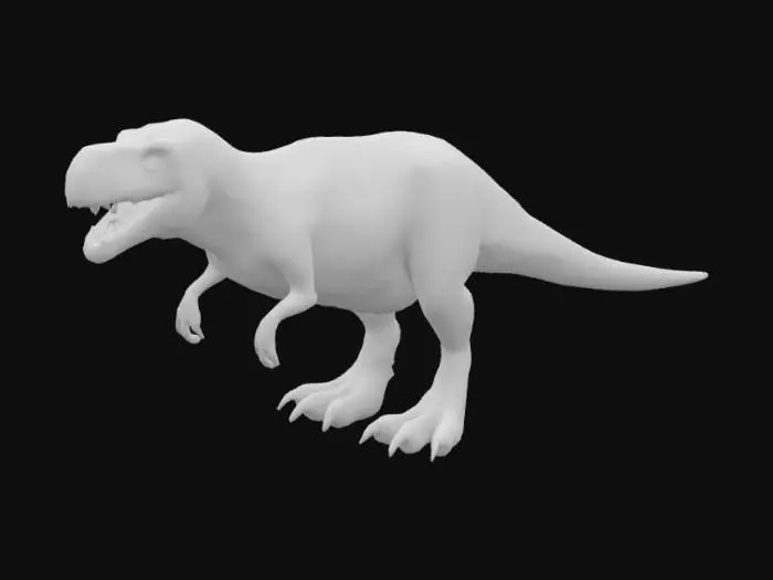 3D model for Create a full-size 3D model of a Tyrannosaurus rex with the following characteristics: Dimensions: Height: 6m, Length: 12m, Head: 1.5m long, 1m wide; Neck: 2m; Front legs: 1m; Hind legs: 3m; Tail: 7m. Pose: Standing on hind legs, head lowered at 45 degrees, front legs bent at 90 degrees, palms down, hind legs slightly bent, tail raised at 30 degrees. Details: Eyes 50 cm apart, teeth 15 cm long, front claws 20 cm, hind claws 10 cm.