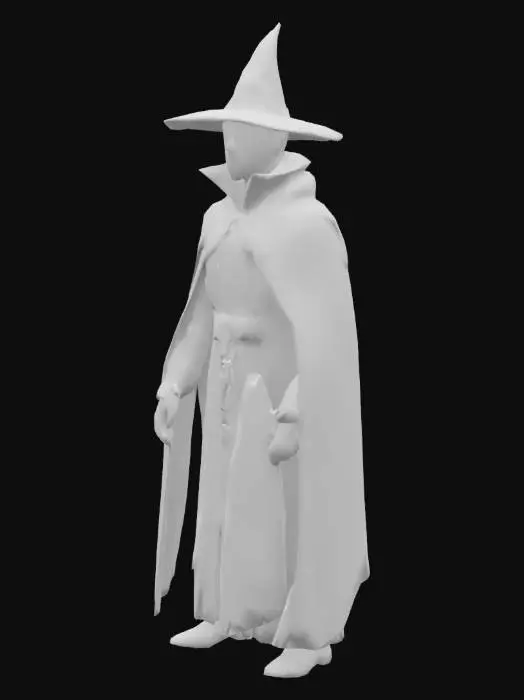 3D model for Sorcerer's apprentice, wearing a robe with a cloak, standard wizard's hat on his head, clothing style is cloth with a dark gothic variant.