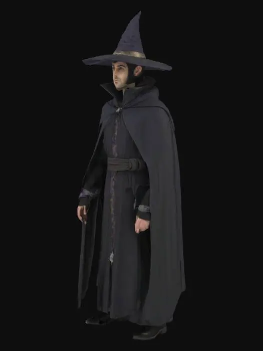 3D model for Sorcerer's apprentice, wearing a robe with a cloak, standard wizard's hat on his head, clothing style is cloth with a dark gothic variant.